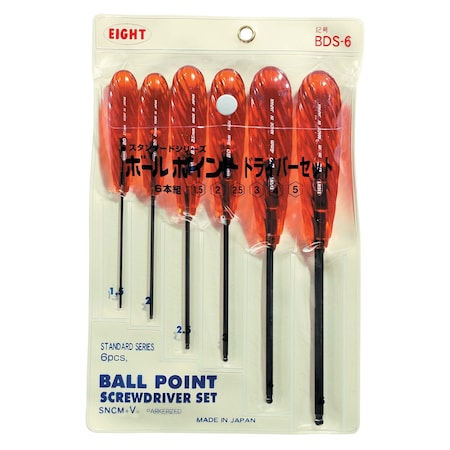 Eight Tool BALL POINT HEX KEY SCREWDRIVER SET, 6PC 1.5-5MM BDS-6